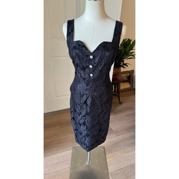 Vintage 80s Scott McClintock Black Lace Wiggle Dress Rhinestone Buttons 4P Sexy - Picture 14 of 16